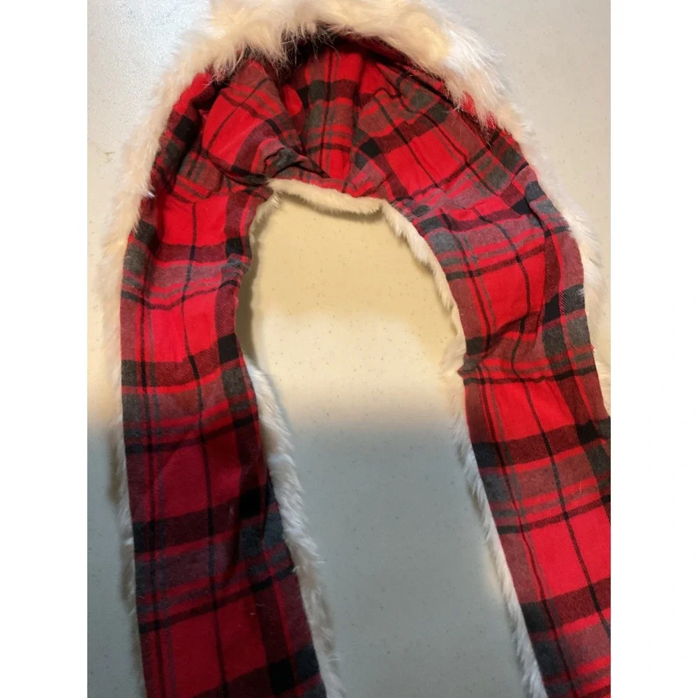 New Polar Bear Faux‎ Fur Hooded Scarf with Mittens Red Plaid Buffalo Check